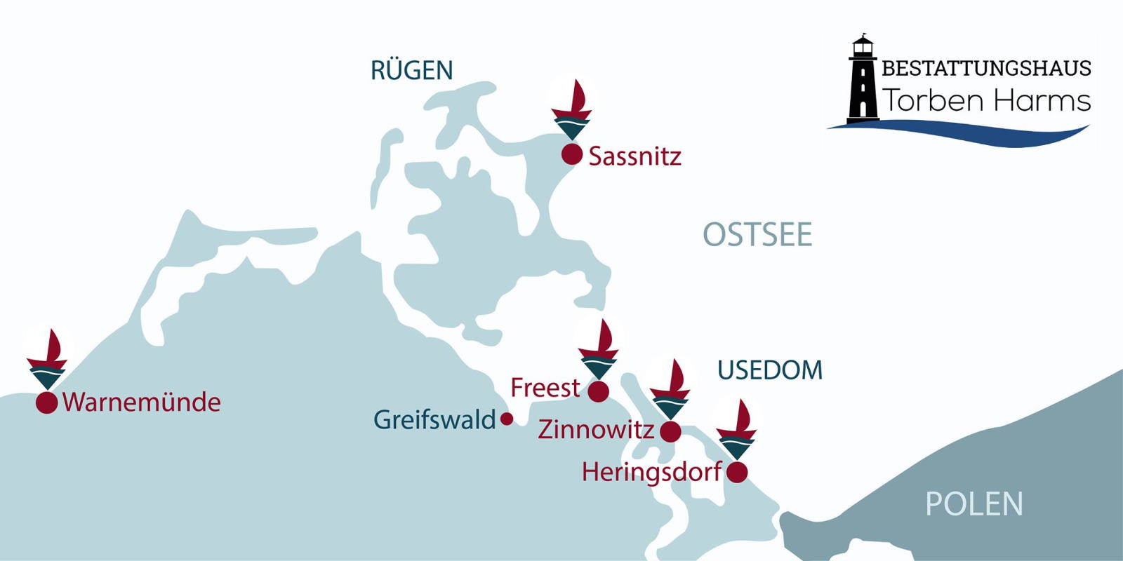 Seebestattung in der Ostsee Abfahrtshäfen von Reederei Bestattungshaus Torben Harms